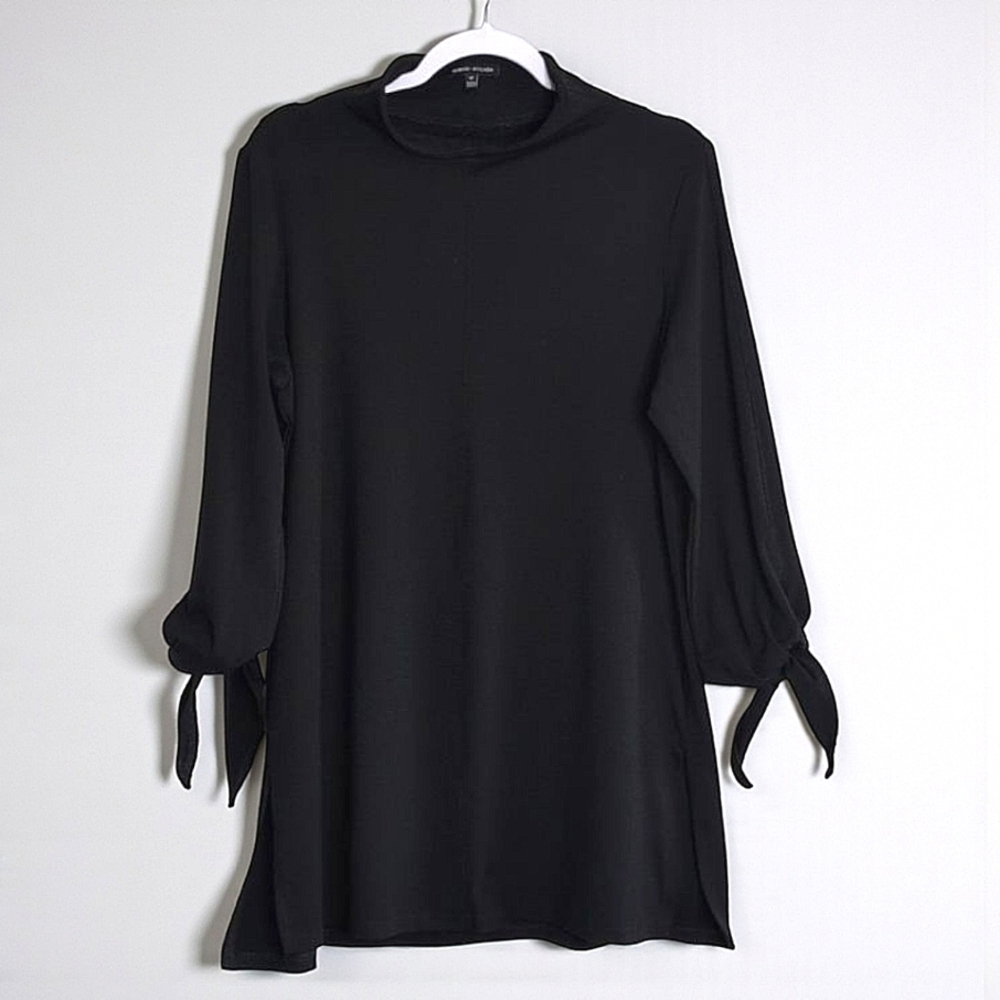Robert Kitchen Tie Sleeve Mock Neck Tunic Top Side Slit Black Witchy Goth M